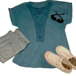 Chic Blue Knit Top with Crochet Lace Accent NWOT